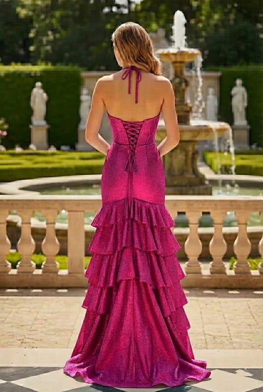 Halter Neck Glitter Mermaid Prom Dress with Tiered Ruffle Skirt & Slit | Sevoba