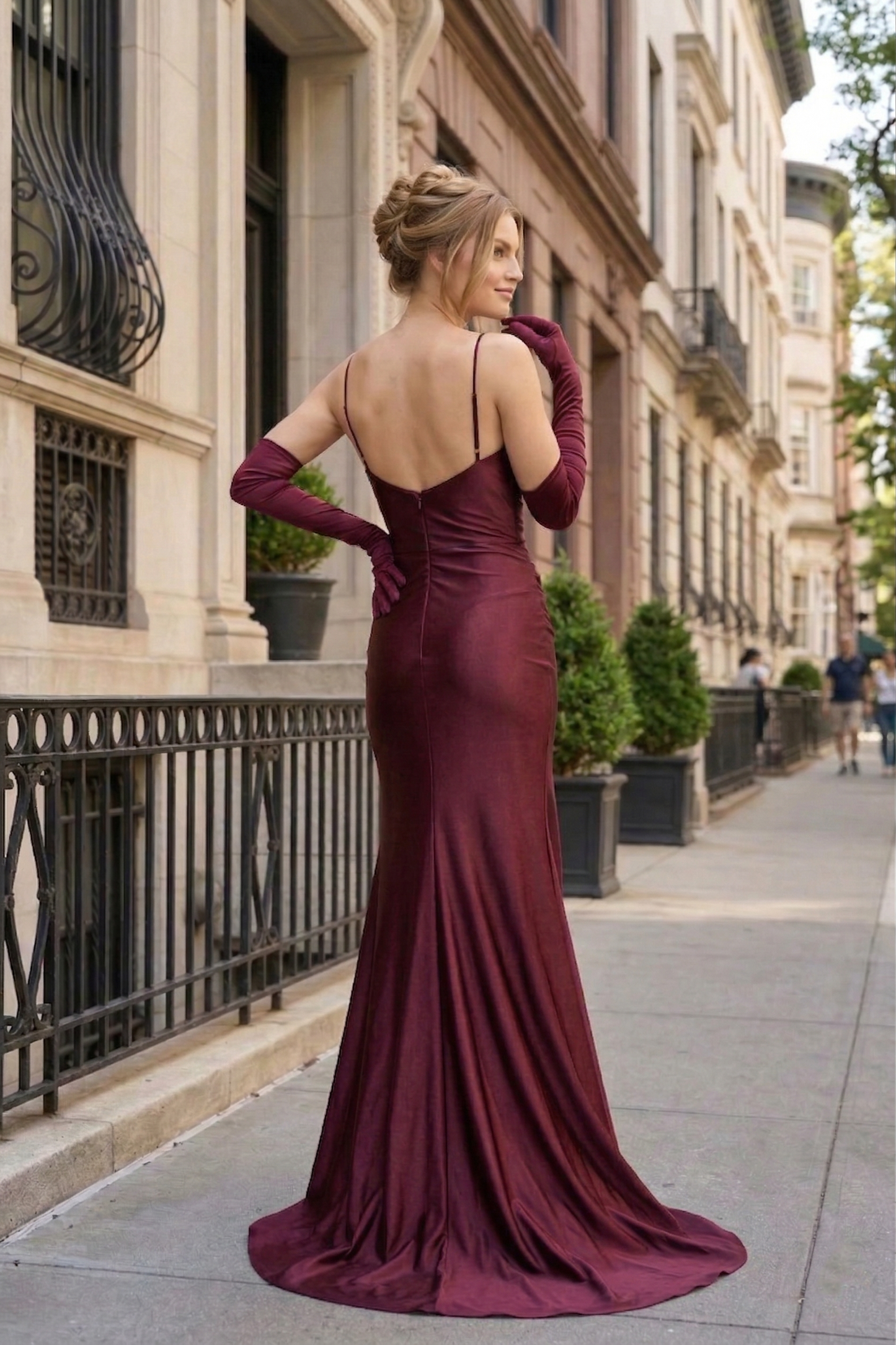 Holographic Spaghetti Strap Ruched Mermaid Prom Dress with Matching Gloves | Sevoba