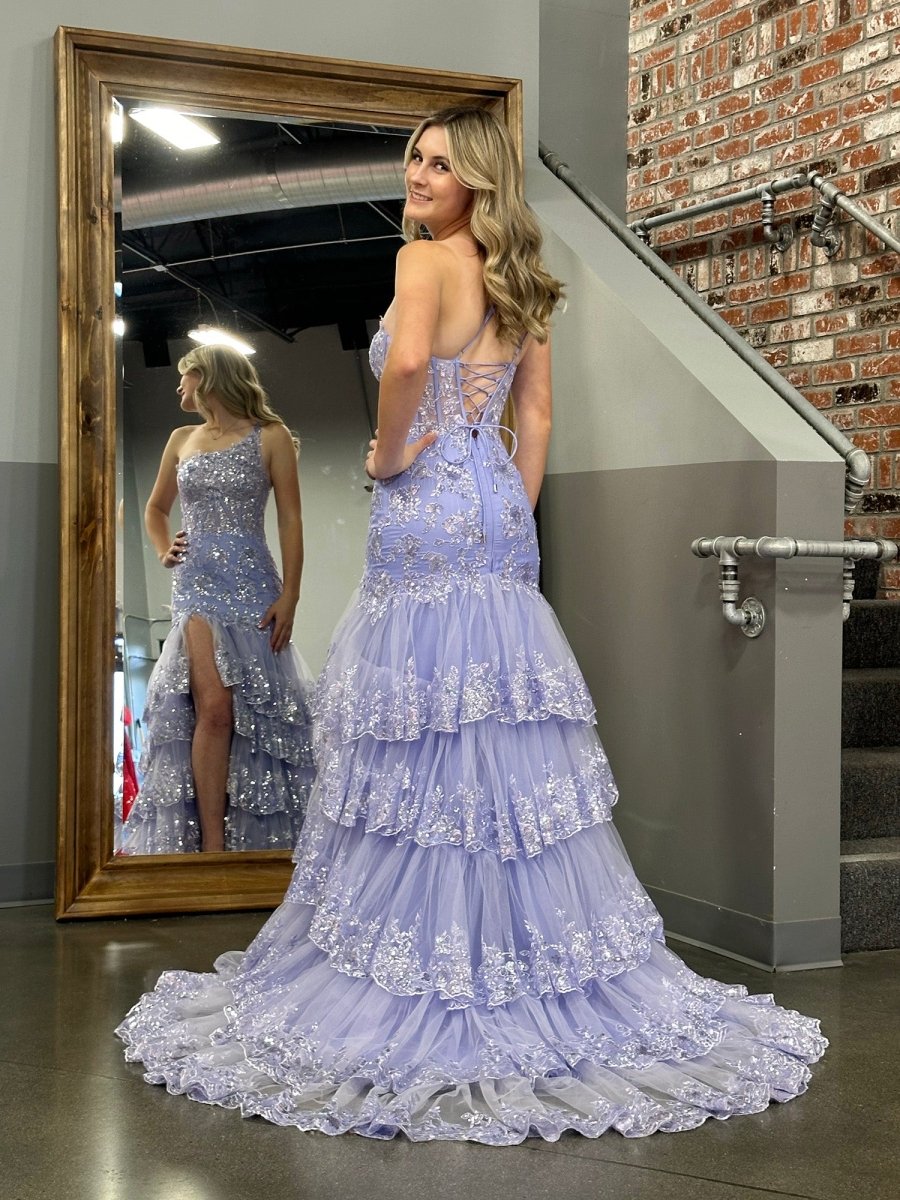 Sevoba|Sheath One Shoulder Tiered Lace Long Prom Dress