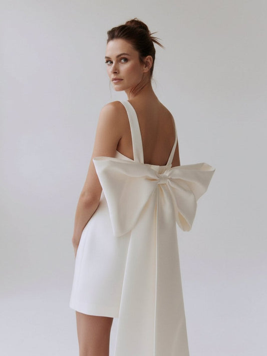 Sevoba|Square Neck White Satin Short Wedding Dress with Bow Back and Veil
