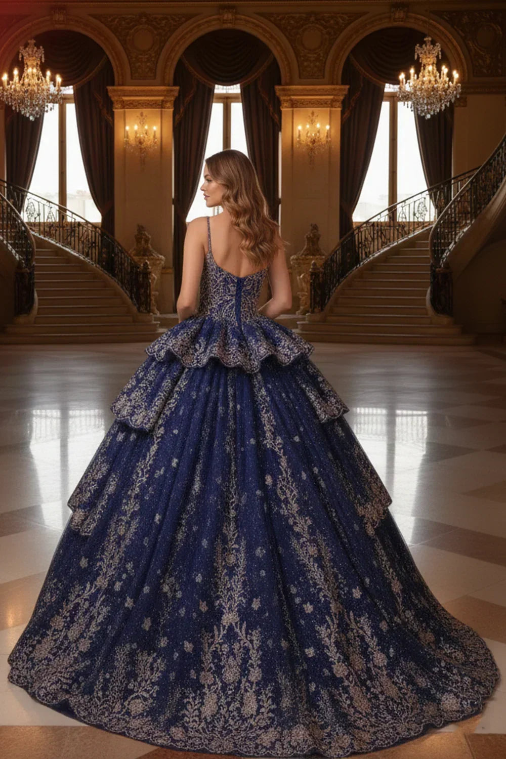 Woman wearing a navy layered ball gown with gold embroidery in an elegant ballroom.
