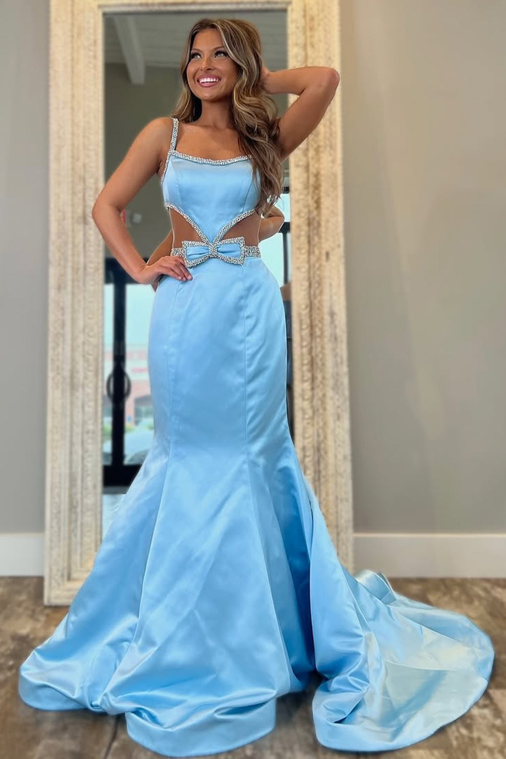Light Blue Mermaid Prom Dress Featuring Cute Bowknot and Waist Cutout