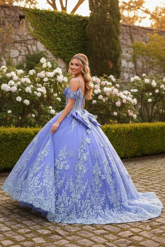 Purple ball gown quinceañera dress with floral embroidery and off-shoulder sleeves outdoors
