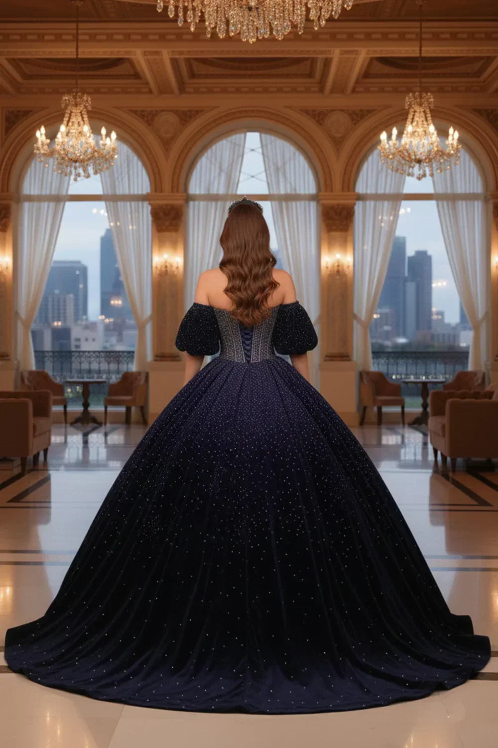 Woman in a navy blue sparkling ball gown with cold-shoulder sleeves in an elegant ballroom