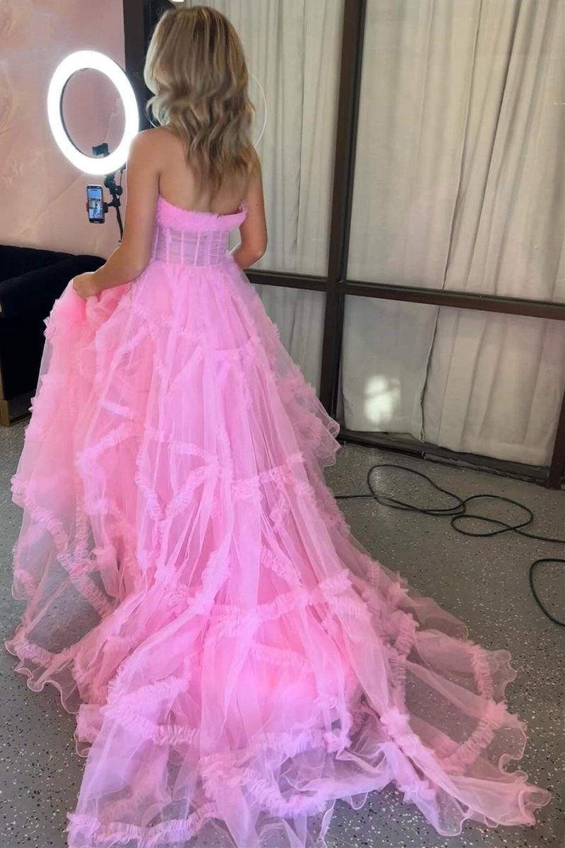 Sevoba|A-Line Strapless Ruffles Long Formal Dress with Puff Sleeves