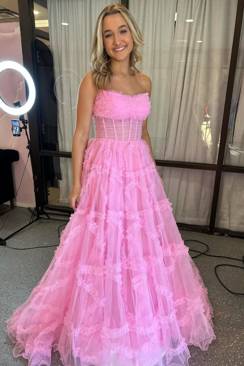 Sevoba|A-Line Strapless Ruffles Long Formal Dress with Puff Sleeves