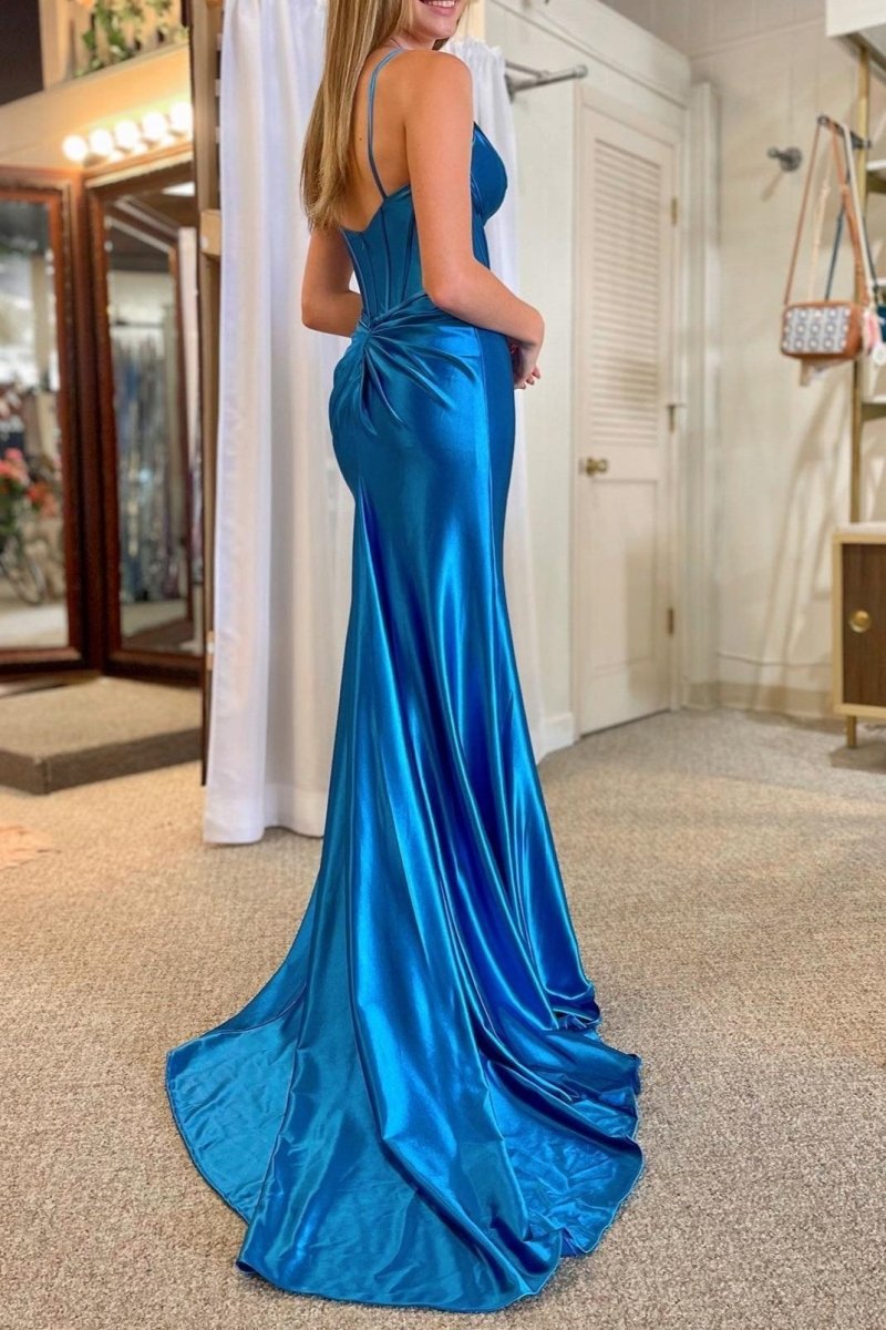 Mermaid Spaghetti Strap V-Neck Satin Prom Dress with Slit