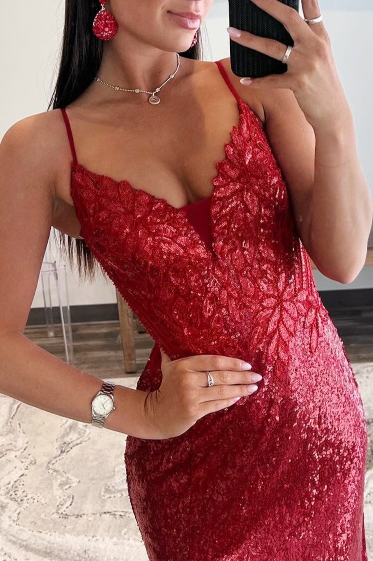 Red Sequin Plunge V Backless Mermaid Maxi Dress with Slit