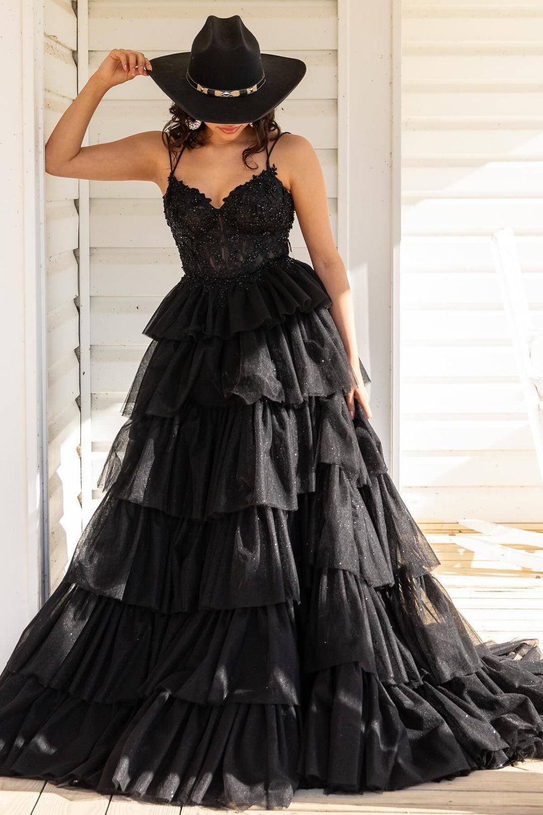 Sevoba|Tiered Ruffle Appliques Corset Long Prom Dress with Spaghetti Straps
