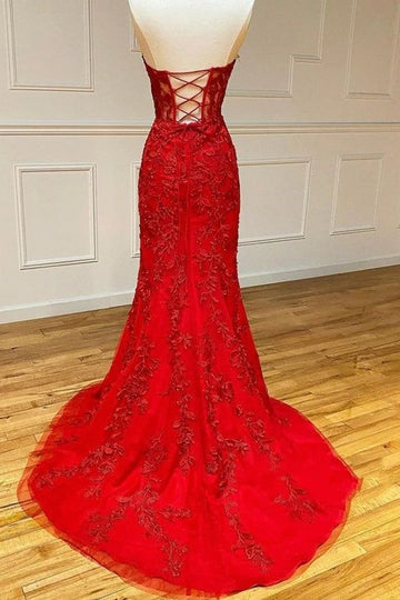 Sevoba|Red Strapless Lace Appliques Sweetheart Mermaid Prom Dress