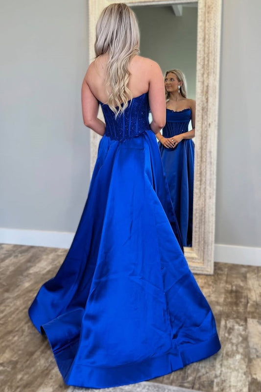 Royal Blue A-Line Strapless Scoop Pleated Satin Prom Dress