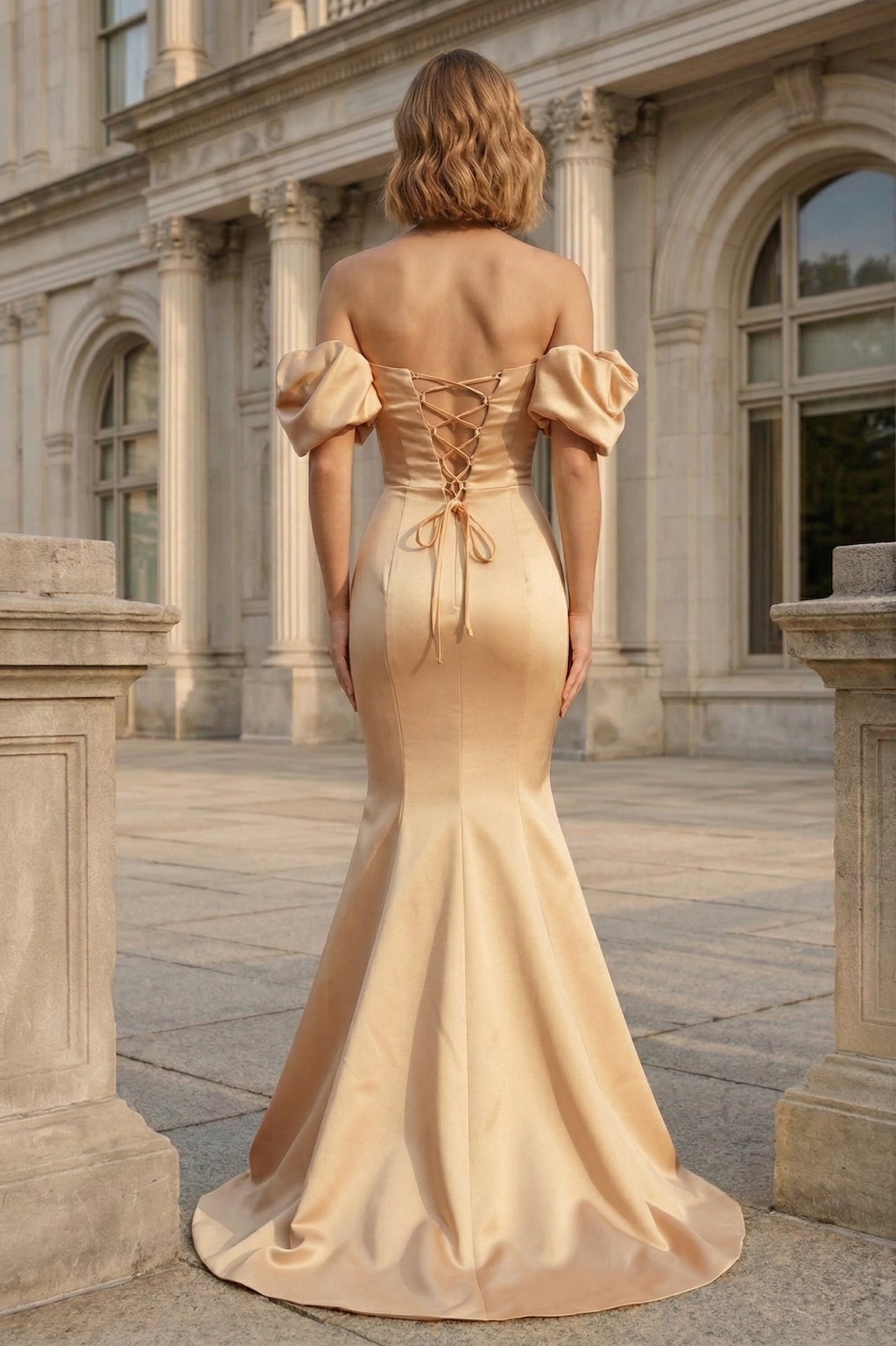 Off-the-Shoulder Puff Sleeve Satin Mermaid Prom Dress with Lace-Up Back | Sevoba
