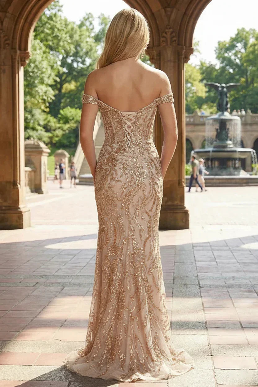 Off-the-Shoulder Sequin Lace Corset Prom Dress with Slit | Sevoba