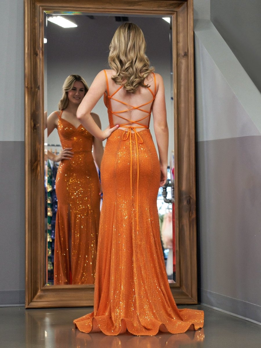 Sevoba|Sparkly Mermaid V Neck Sequins Long Prom Dresses with Slit
