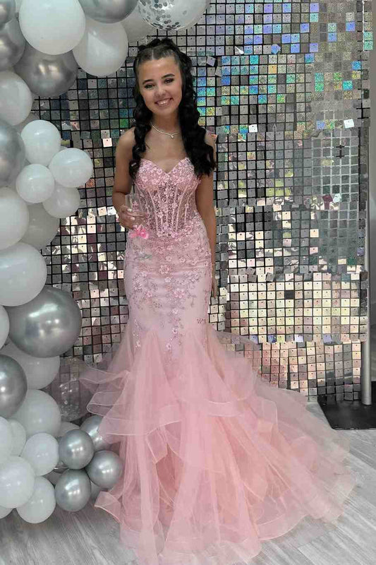 Sevoba|Pink Strapless Sleeveless Appliques Mermaid Ruffles Long Prom Dress