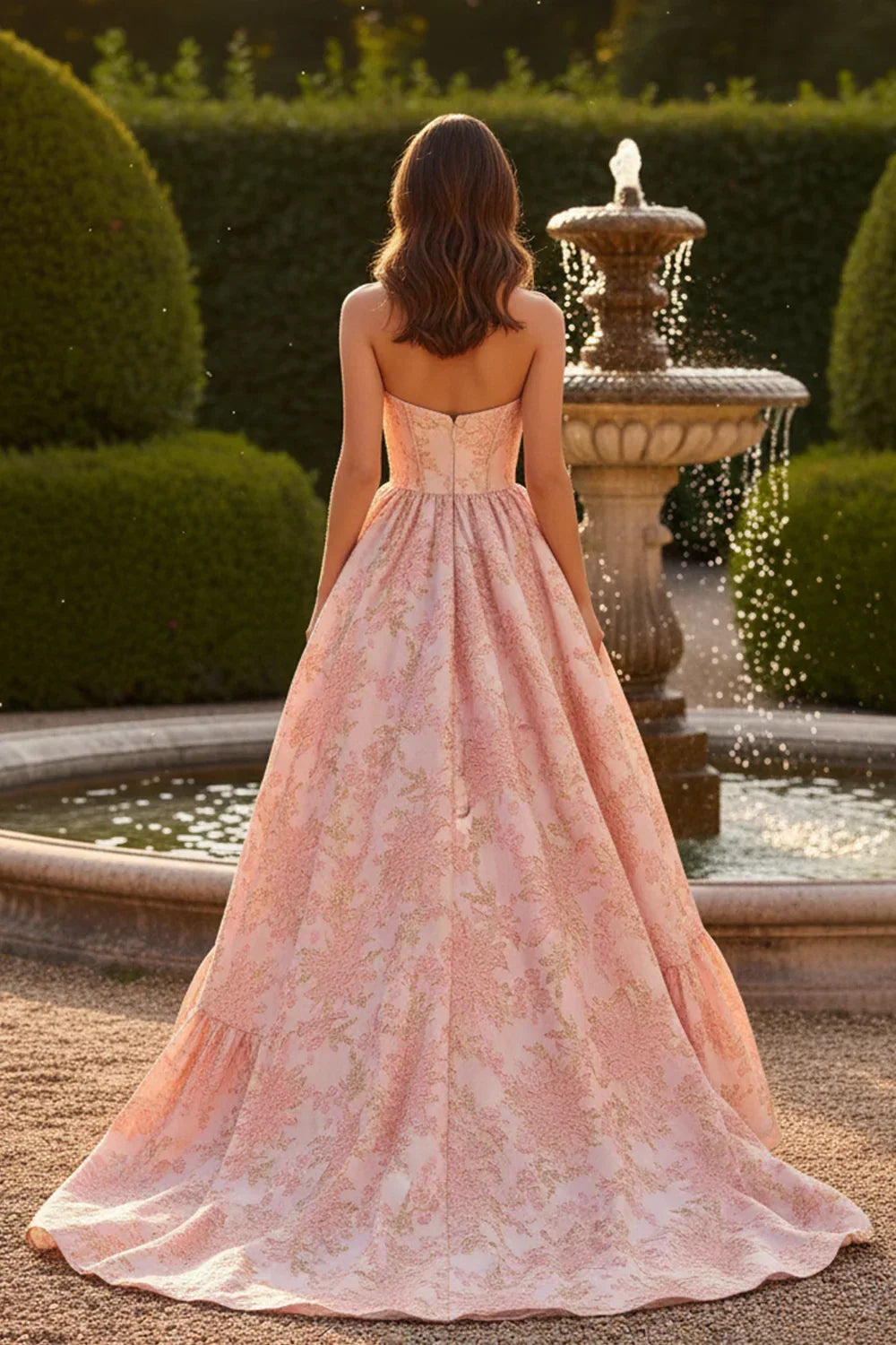 Woman in a strapless pink floral ball gown standing by a garden fountain