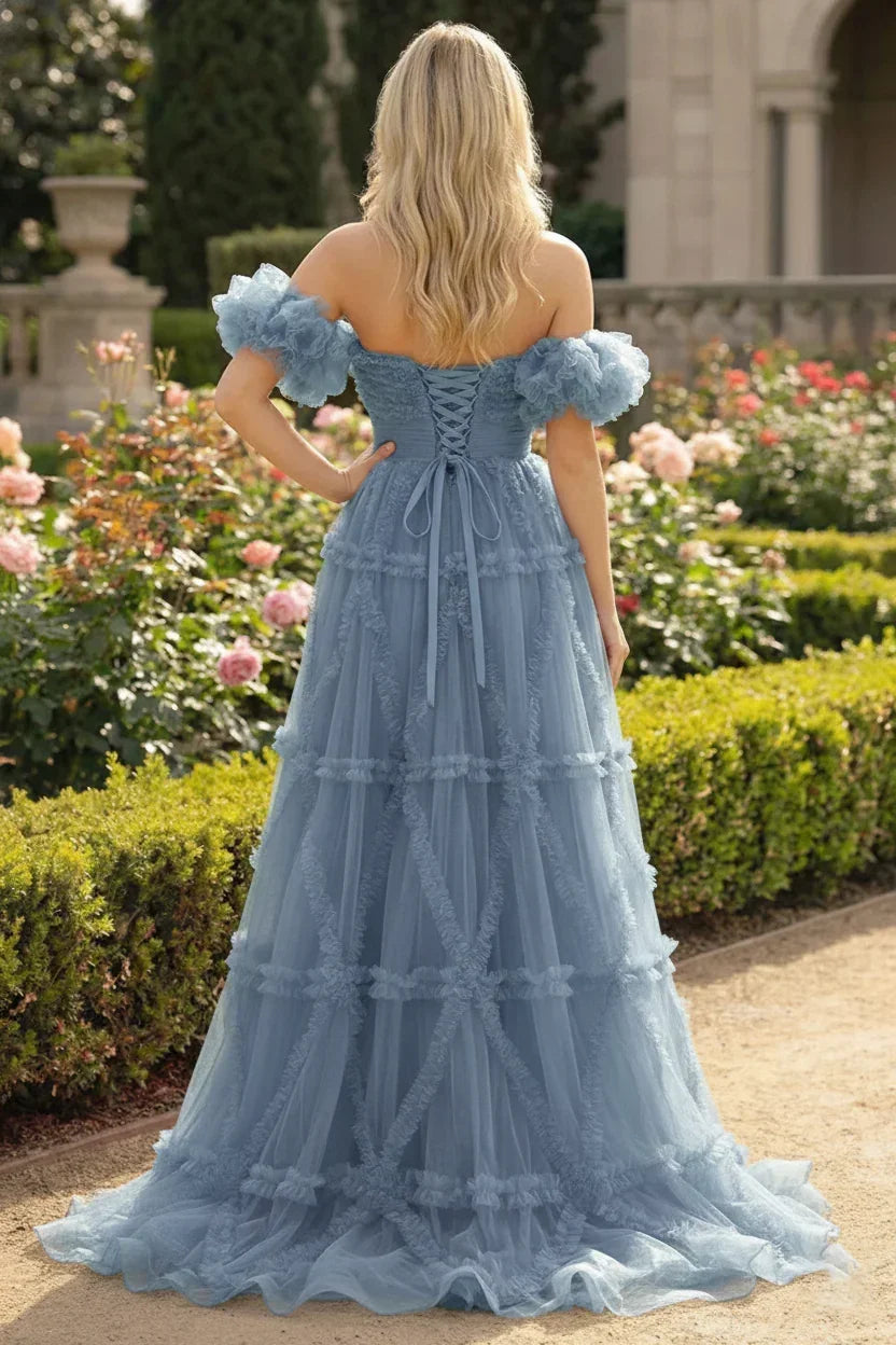 Ruffle Tulle Off Shoulder A-Line Prom Dress with Puffy Sleeves | Sevoba