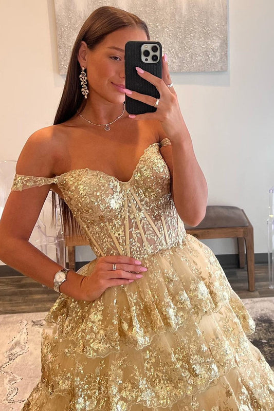 Sevoba|Off-the-Shoulder Gold Sequin Lace Ruffle Multi-Layer Long Prom Dress