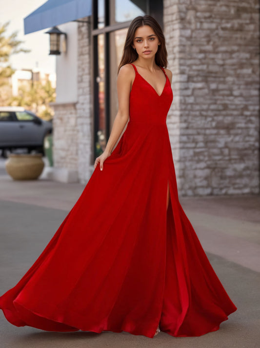 Sevoba | Red Velvet Plunge V Cross Back A-Line Long Formal Dress