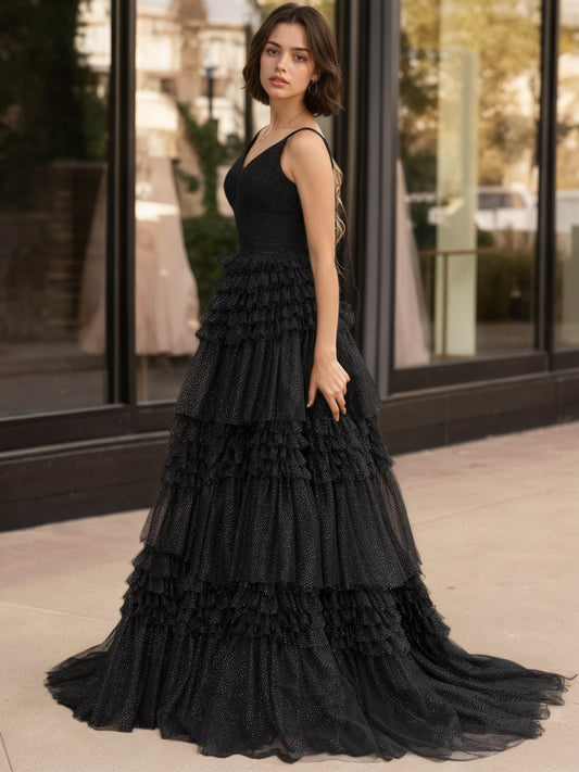 Sevoba | A-Line Deep V Neck Tiered Long Glitter Tulle Prom Dress
