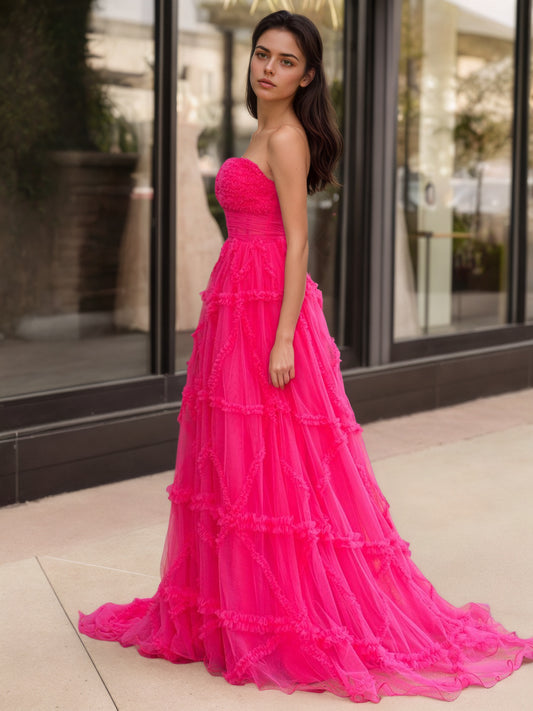 Sevoba|A-Line Strapless Ruffles Long Formal Dress with Puff Sleeves