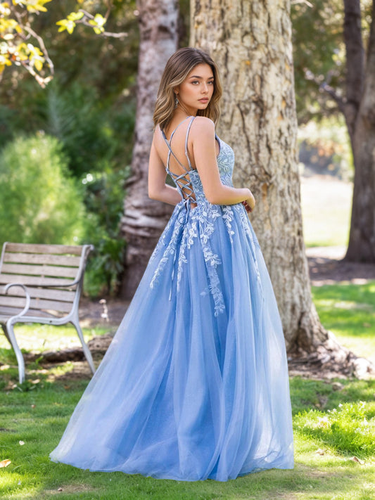 Sevoba|A-line Lace Applique Floor Length Tulle Prom Dress
