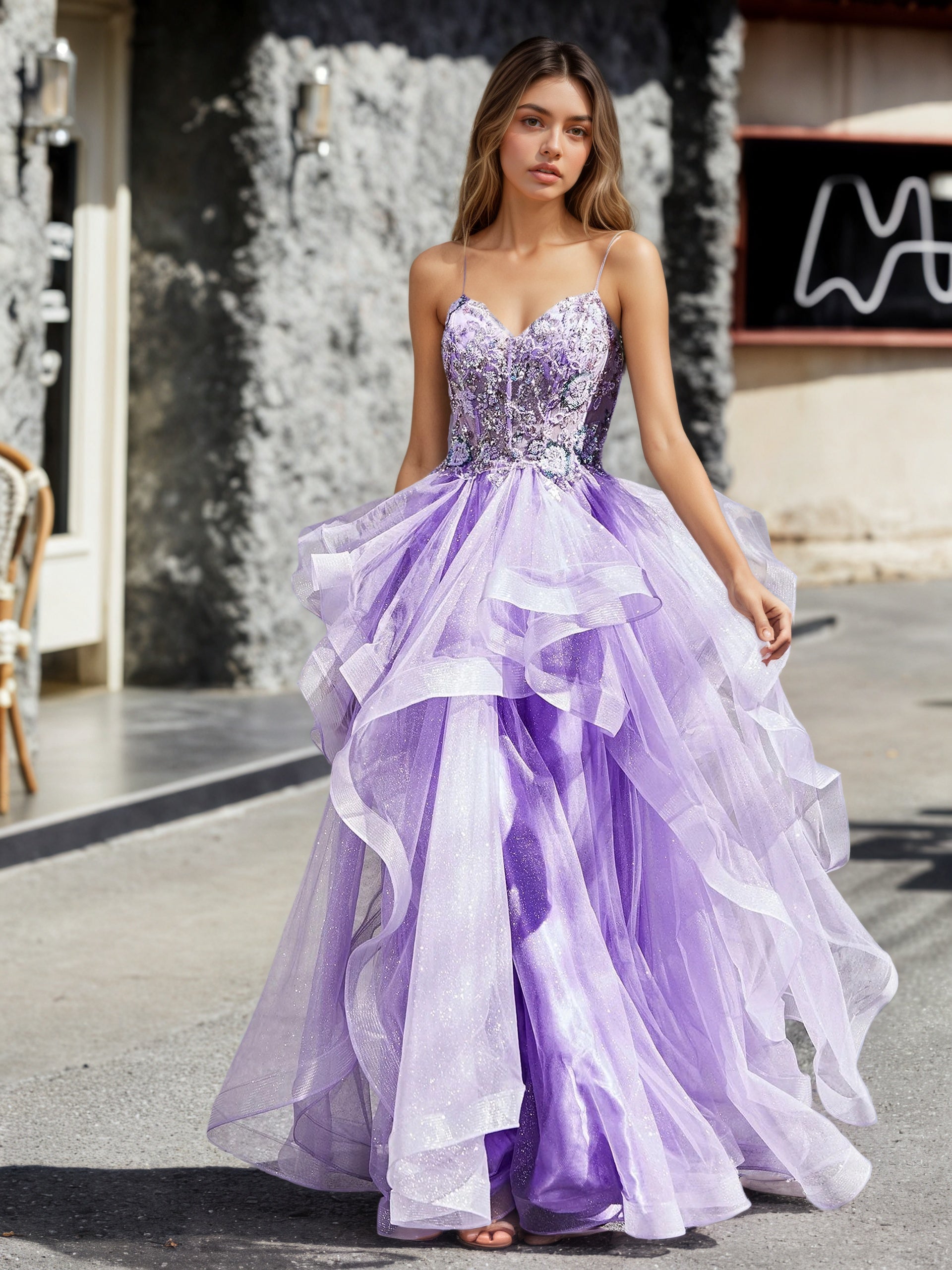 Sevoba | A Line Beaded Top Tulle Ball Gown Lilac