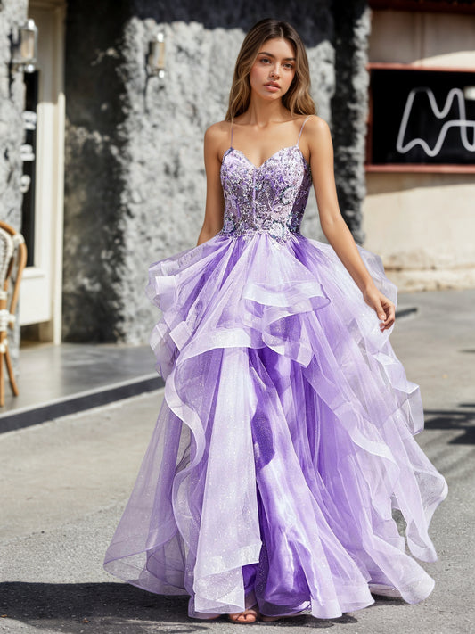Sevoba | A Line Beaded Top Tulle Ball Gown Lilac