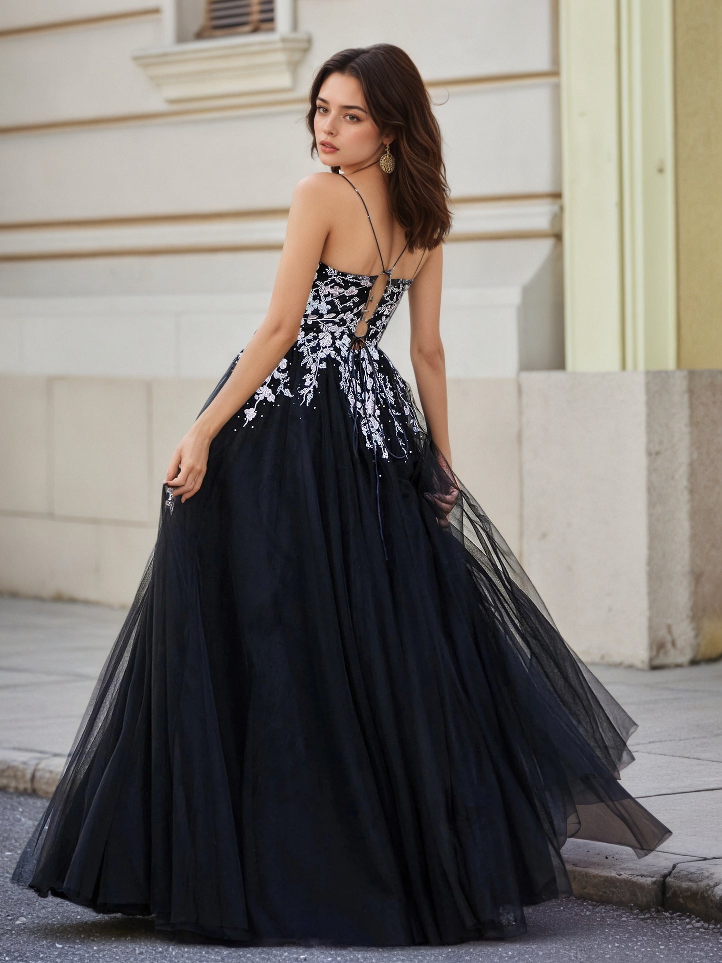 Sevoba | Applique Top Open Back Tulle Lace Dress Black