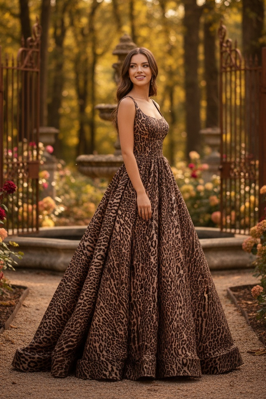 Sevoba|Ball Gown Straps Scoop Neck Animal Printed Prom Dresses With Slit