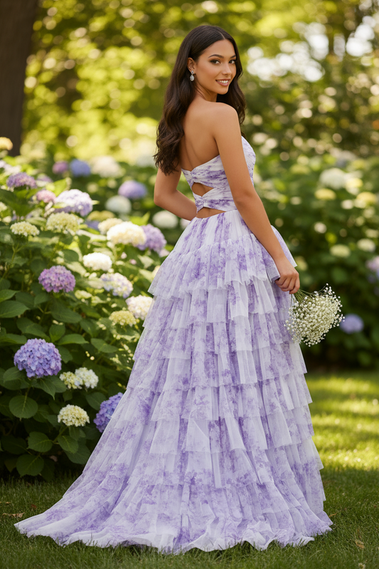 Sevoba|Classic A Line Sweetheart Keyhole Floral Tiered Long Prom Dress With Slit