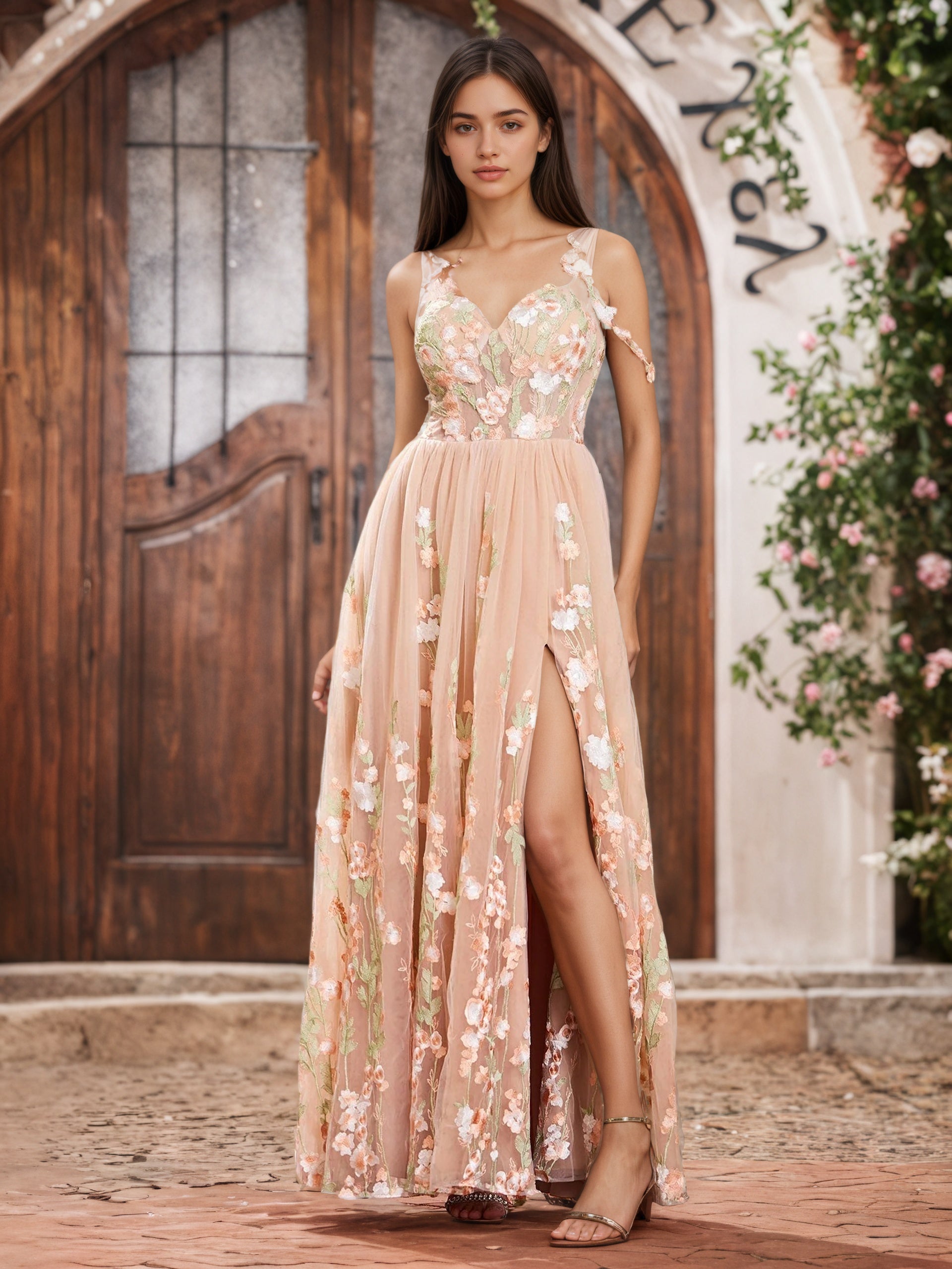 Sevoba | Corset Bodice Flowers Sweetheart A-line Dresses with Slit Pearl Pink