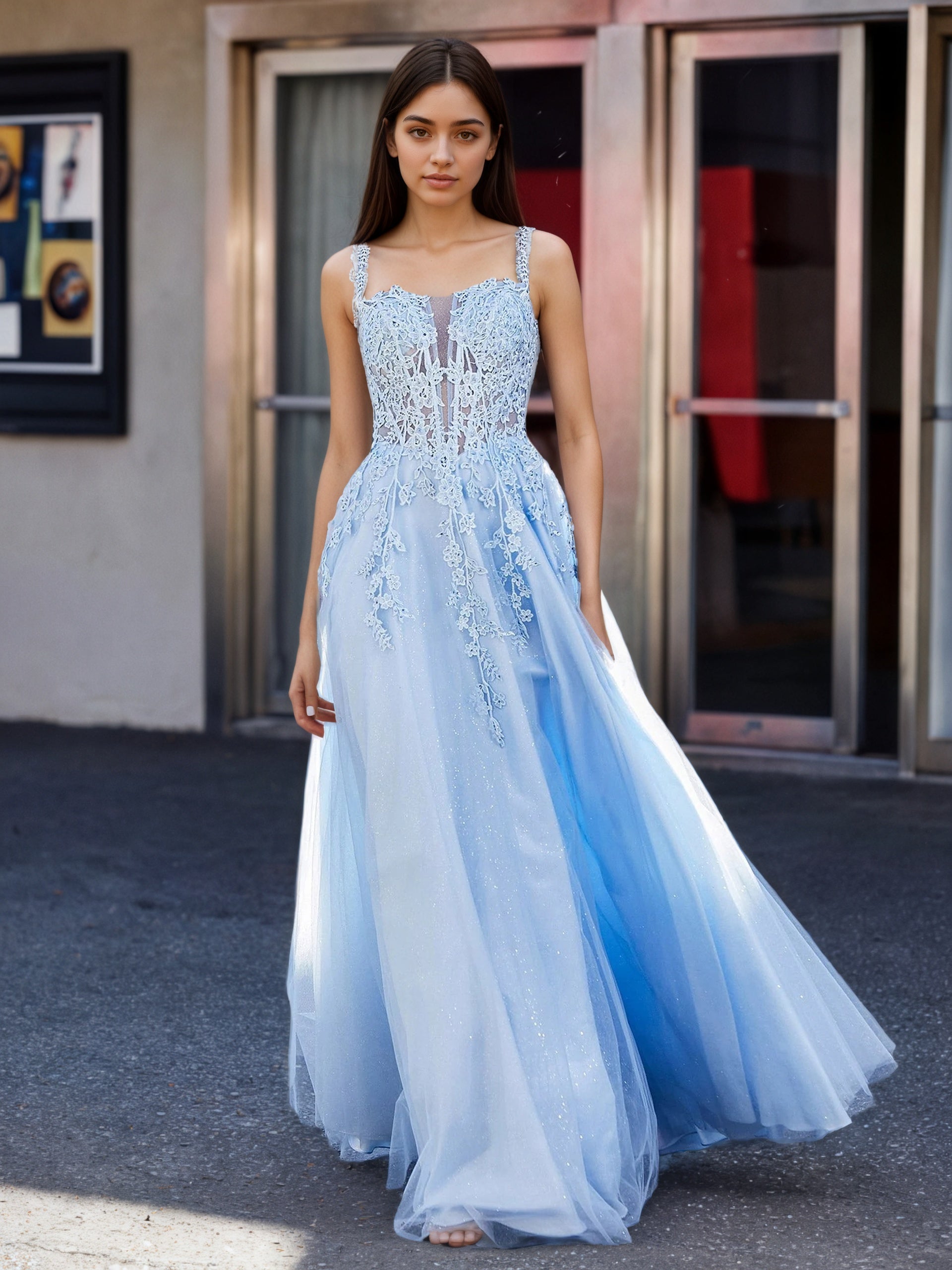 Sevoba | Corset Bodice Sweep/Brush Train A-line Dress Blue