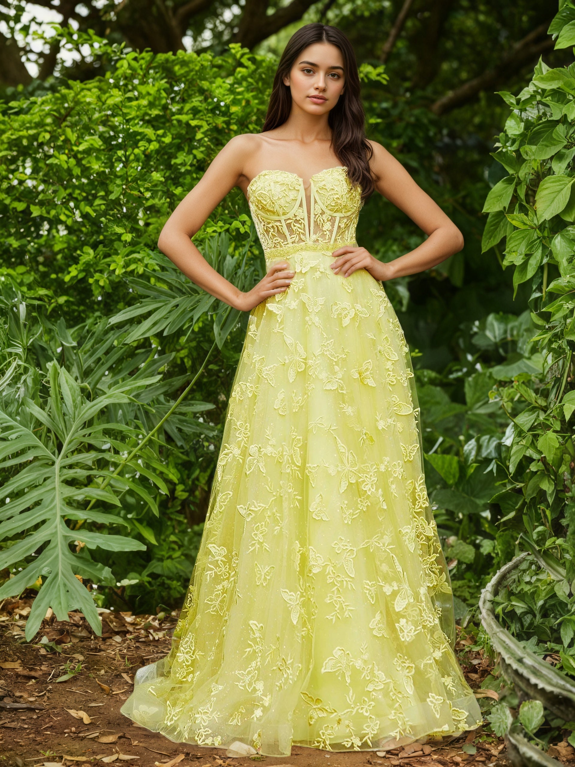 Sevoba | Corset Bodice Sweep/Brush Train A-line Dress Daffodil