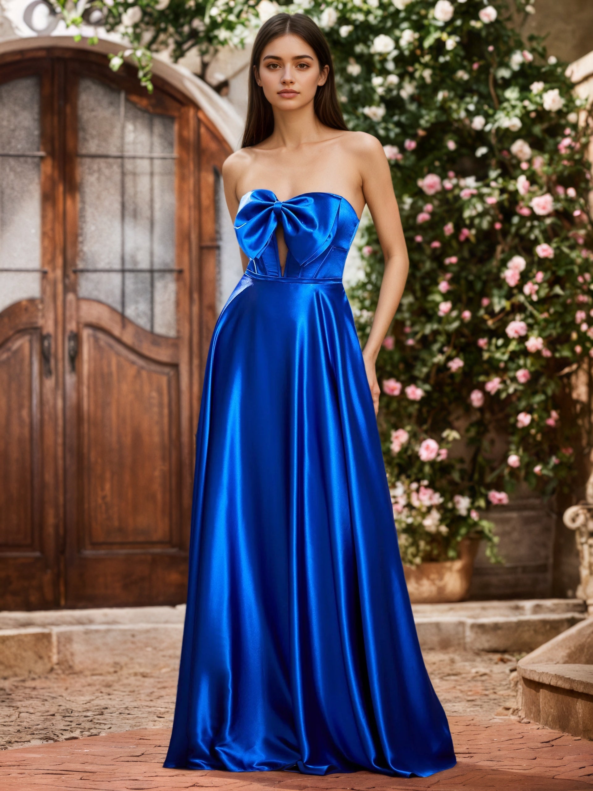 Sevoba | Elegant A-Line Bow Corset Strapless Floor-Length Prom Dresses Royal Blue