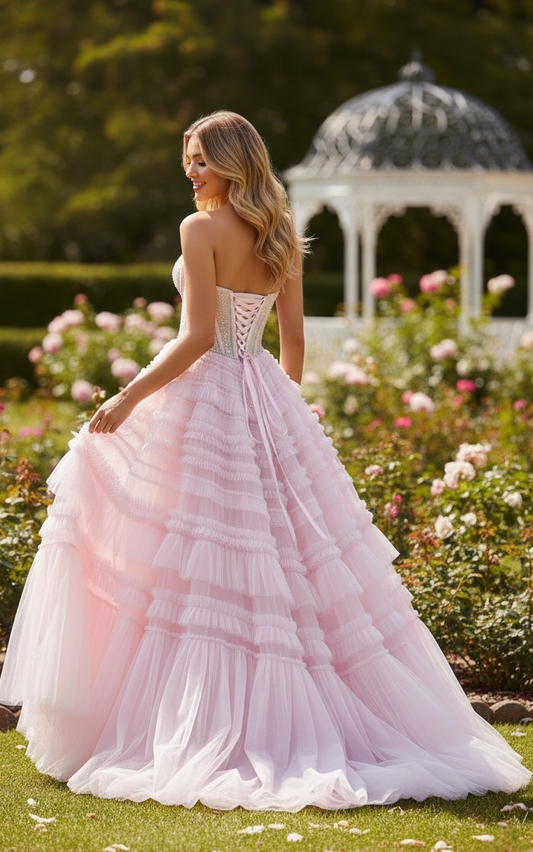 Sevoba|Exquisite A Line Strapless Ruffled Tulle Long Prom Dress With Beading