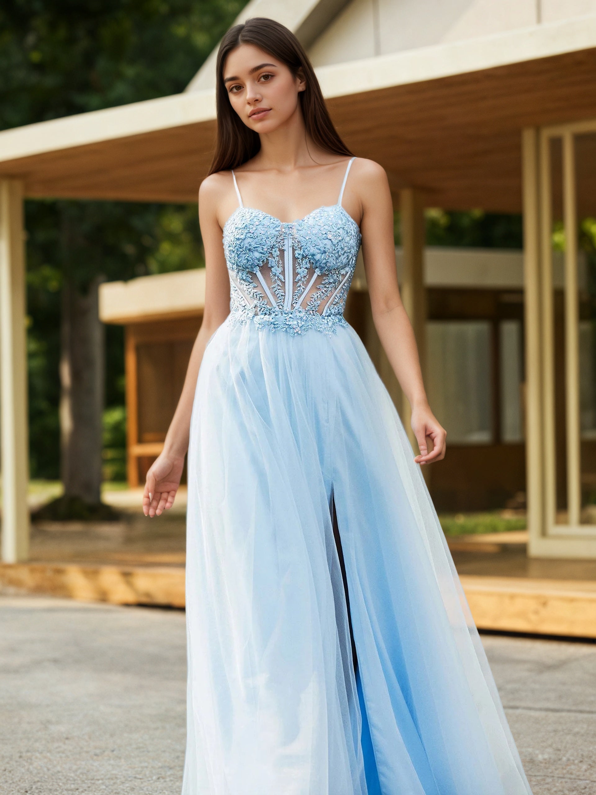 Sevoba | Flower Appliqued Corset Top Maxi Dress Sky Blue