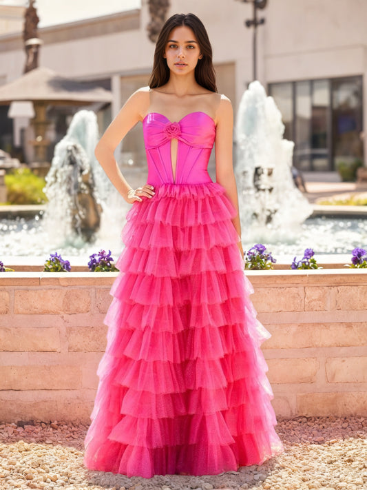 Sevoba|Fuchsia A-Line Sweetheart Keyhole Tiered Tulle Long Prom Dresses