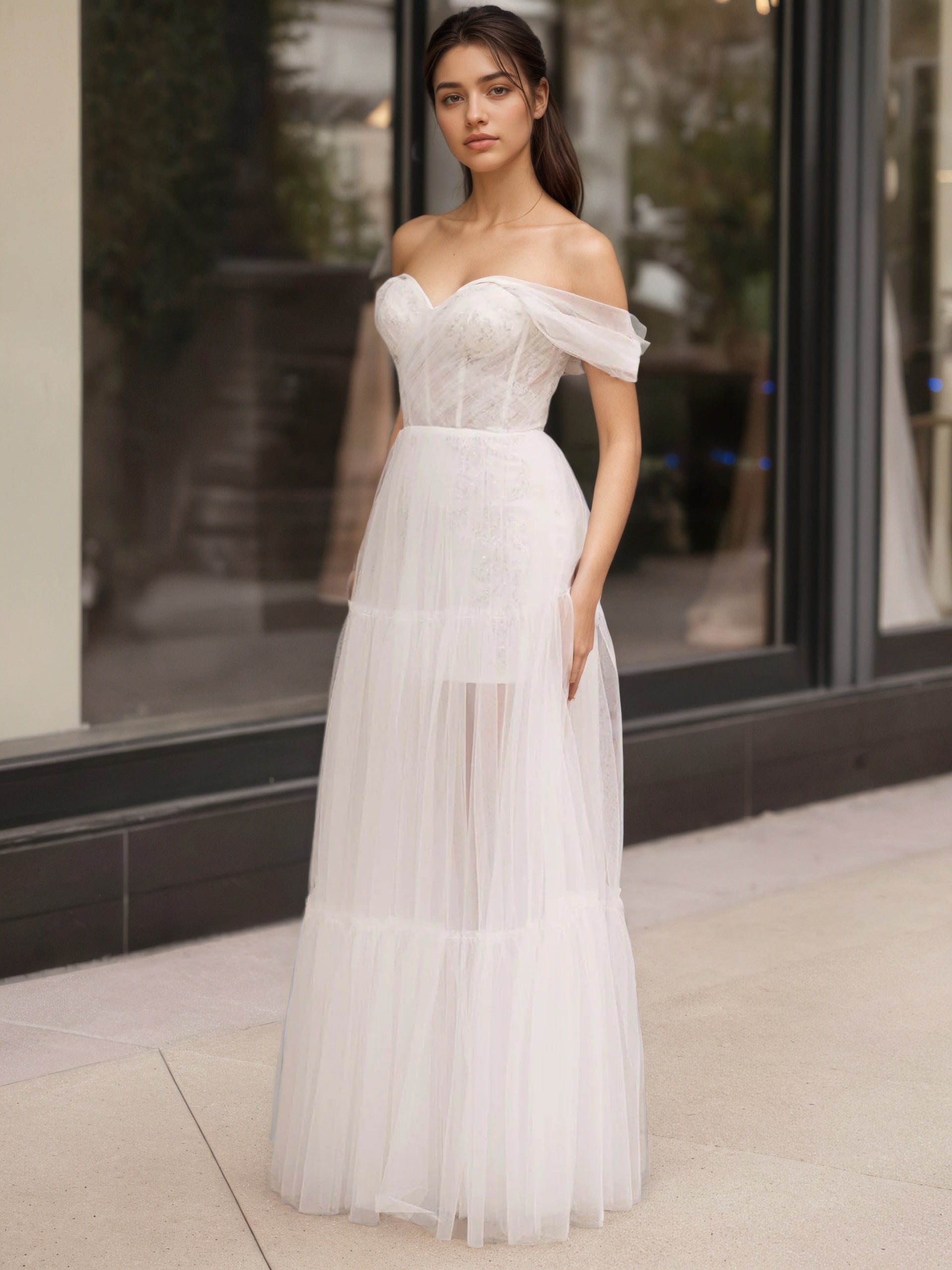 Sevoba | Ivory Off The Shoulder A-Line Floor Length Tulle Prom Dress