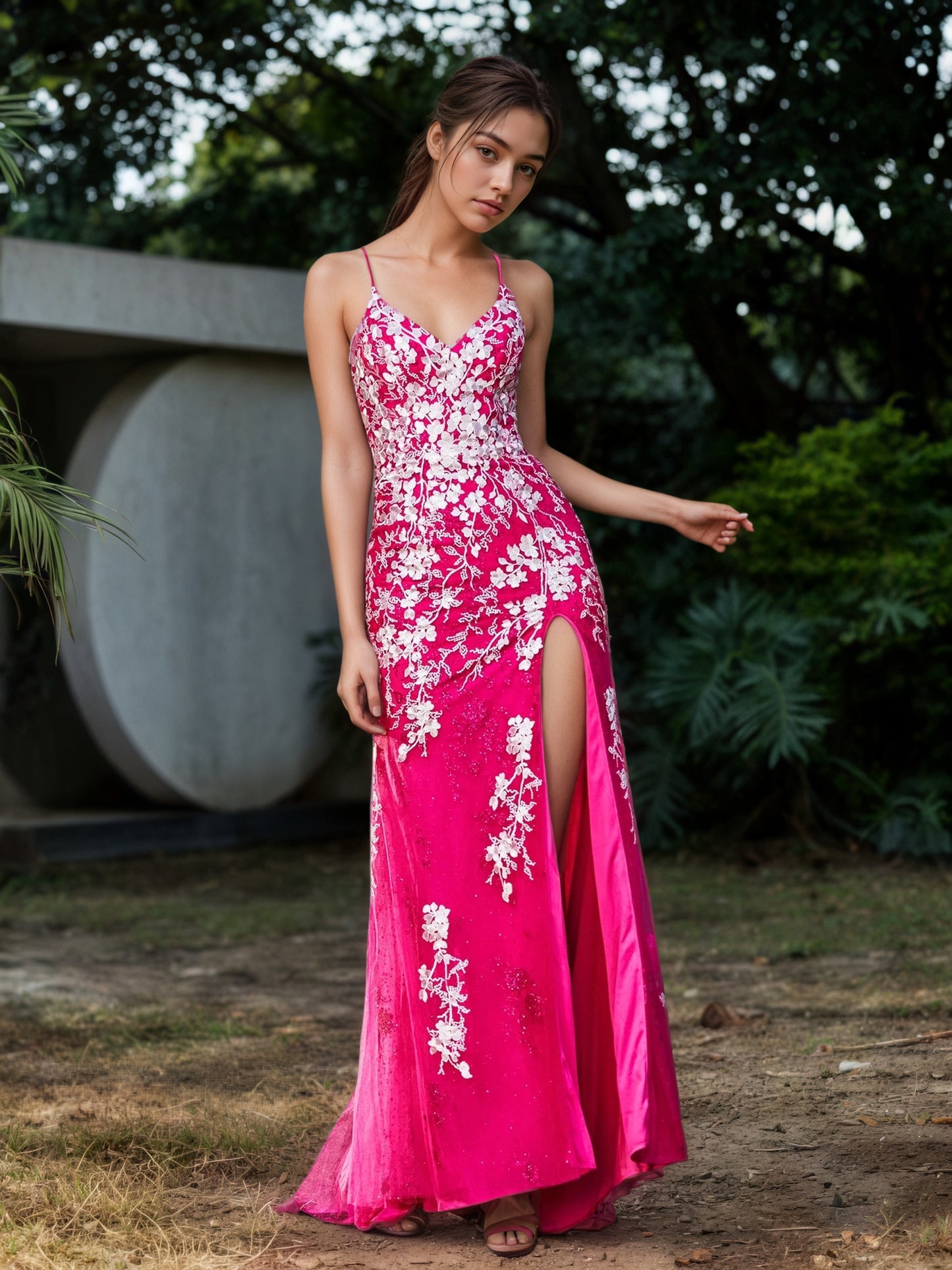 Sevoba | Lace Applique High Slit Fitted Tulle Dress Fuchsia