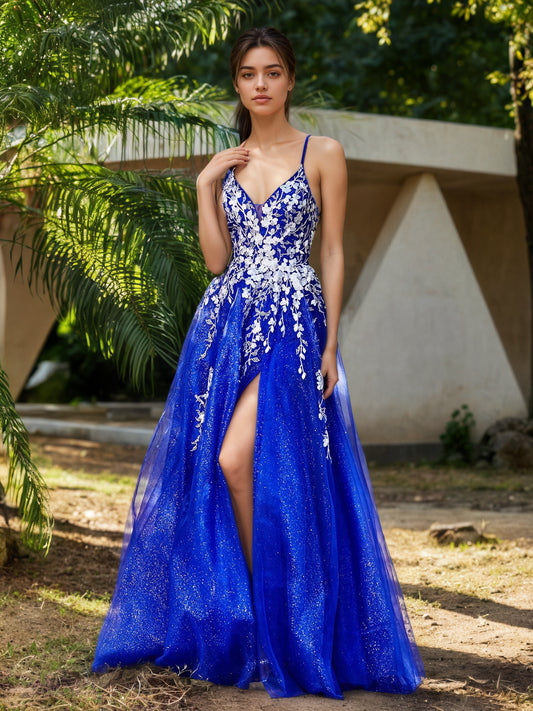 Sevoba | Lace Applique High Slit Tulle Dress Royal Blue