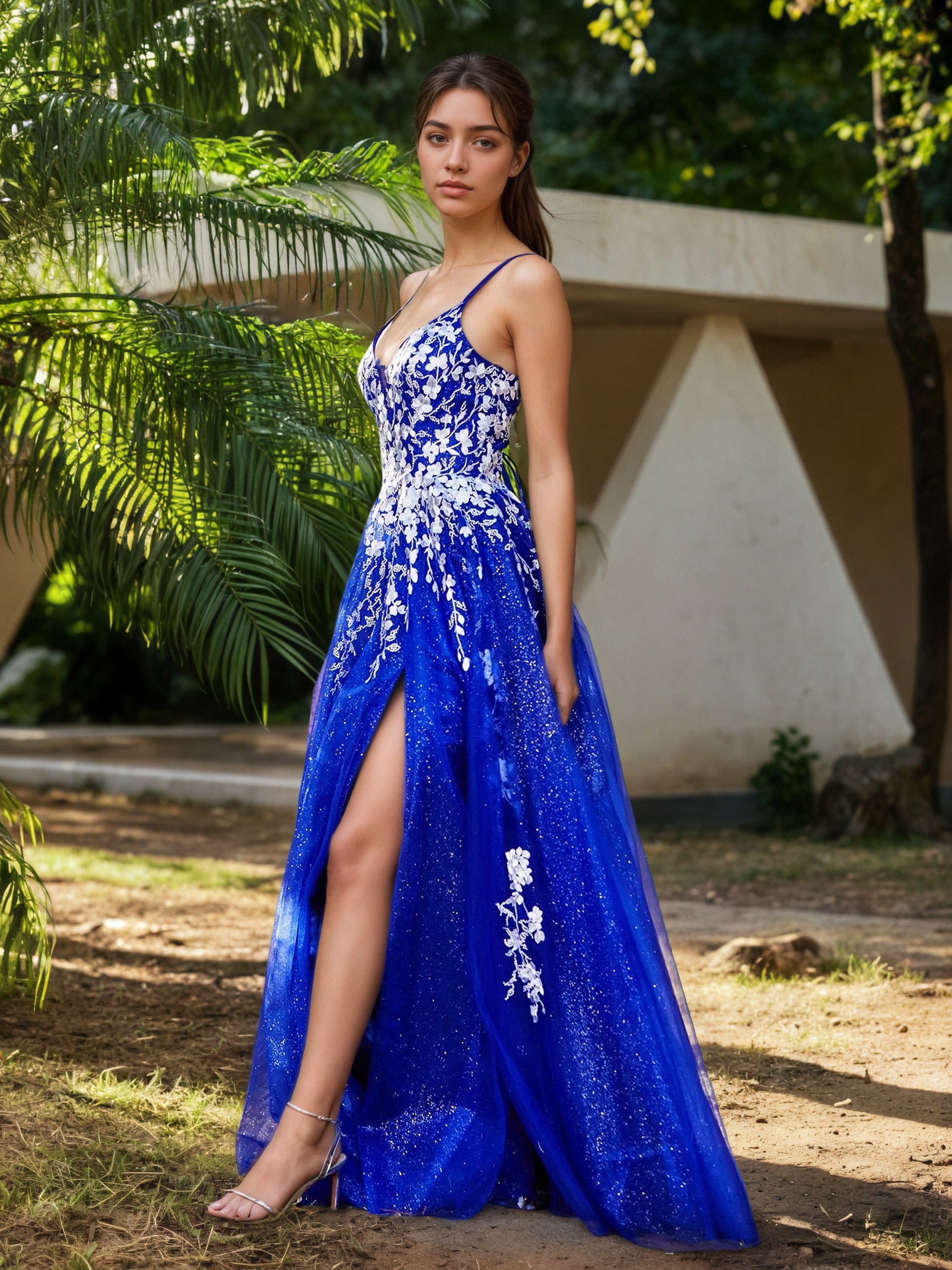 Sevoba | Lace Applique High Slit Tulle Dress Royal Blue