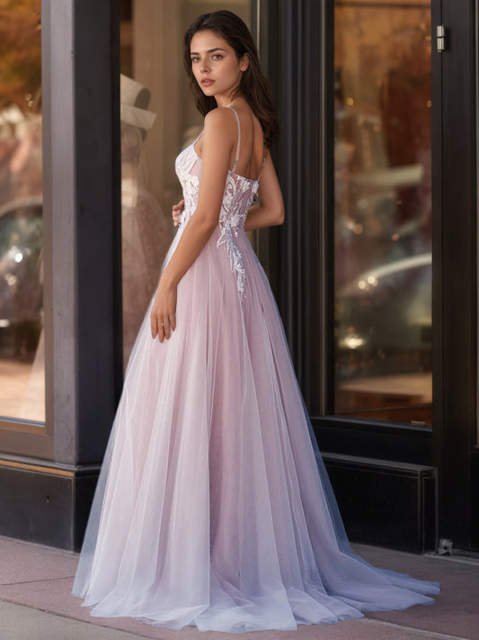 Sevoba|Lavender A-line Sweetheart Neckline Tulle Sweep Train Prom Dress