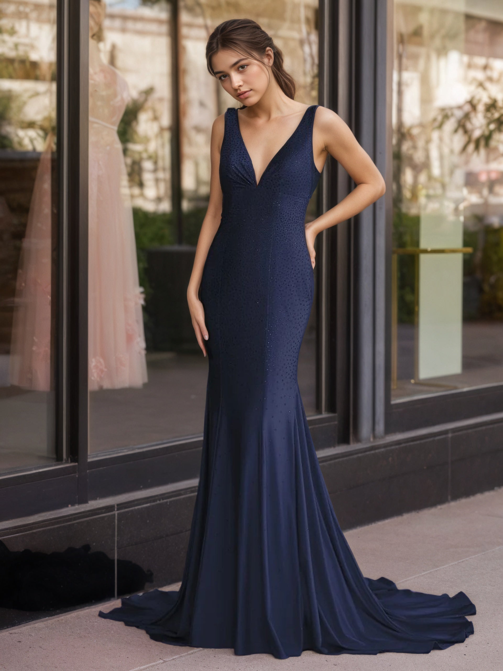 Sevoba | Mermaid Deep V-Neck Beaded Satin Long Prom Dress