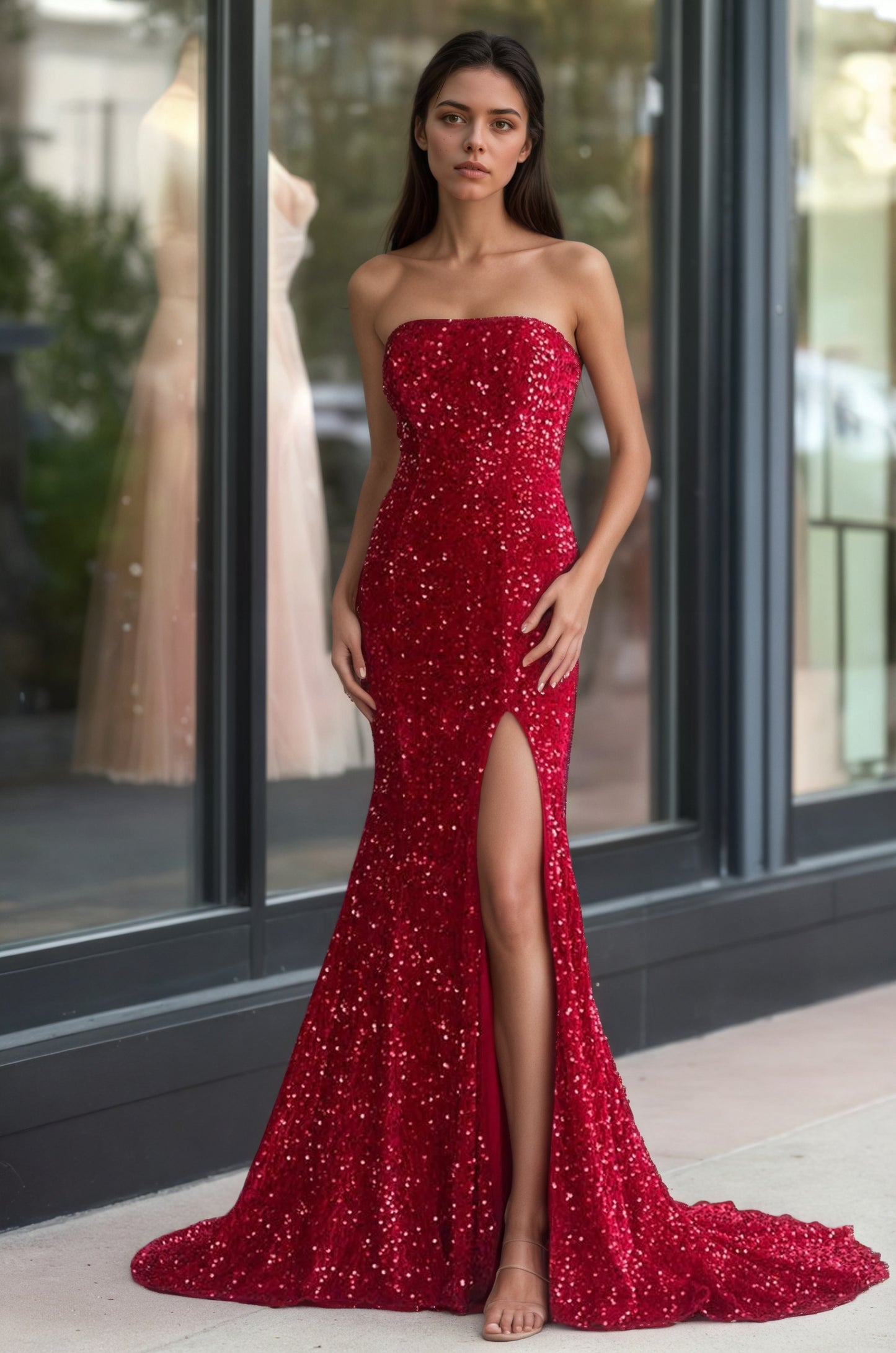 Sevoba | Mermaid Strapless Sequins Long Prom Dress with Slit