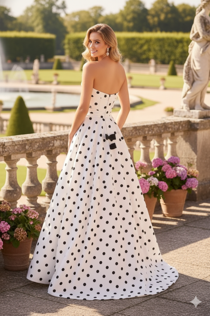 Sevoba|Modern A Line Strapless kKeyhole Bow Polka Dot Corset Long Prom Dress With Slit