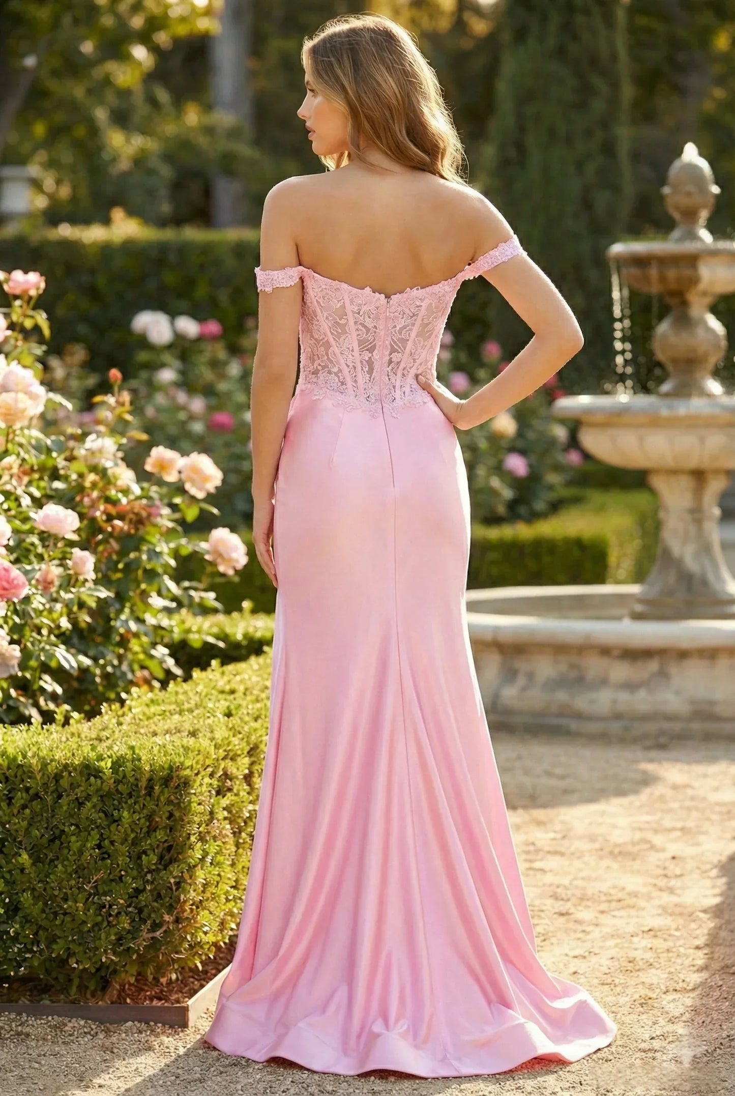 Modern Mermaid Off The Shoulder Corset Appliqued Long Prom Dress With Slit #Pink