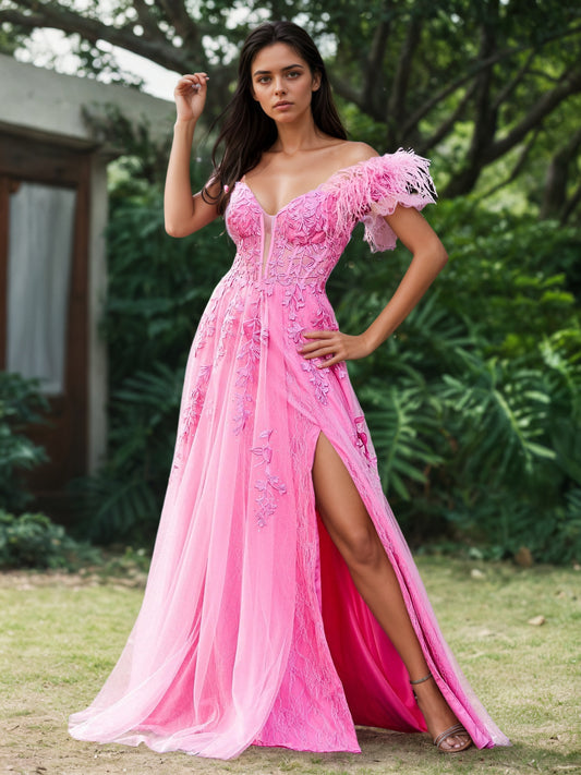 Sevoba | Off-the-Shoulder Lace Applique Side Slit A-Line Long Dress with Feathers Azalea