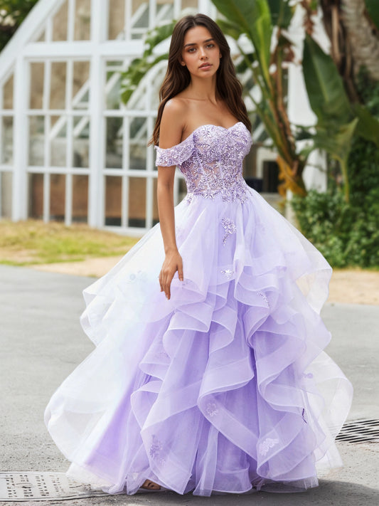 Sevoba | Off-the-shoulder Tulle Prom Dress with Floral Appliqued Lace Lilac