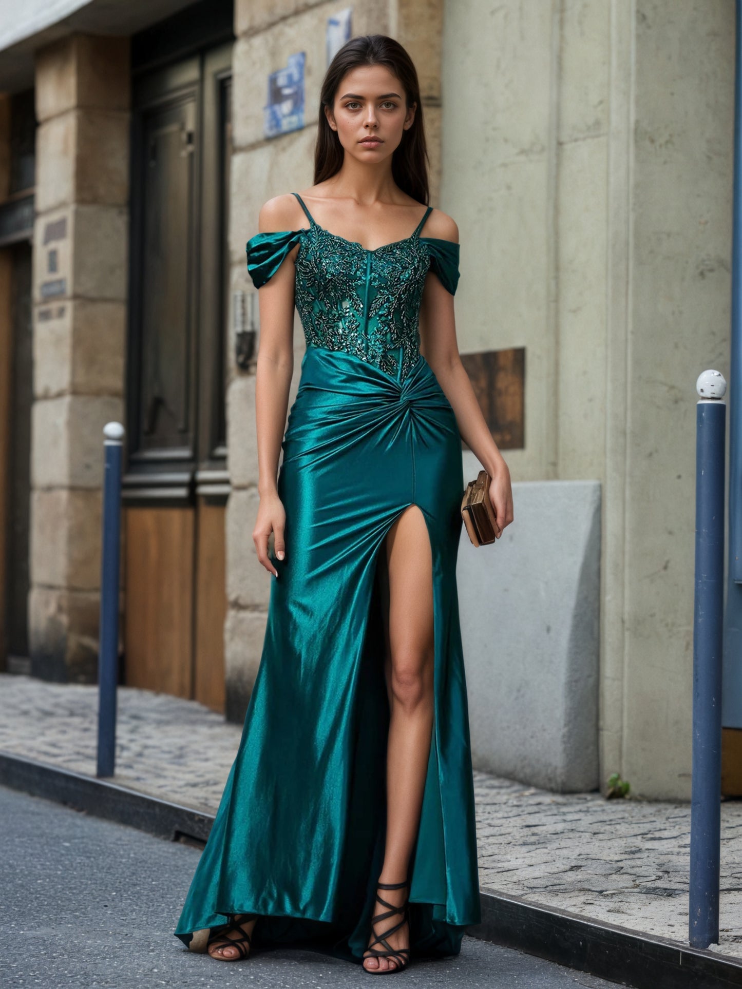 Sevoba | Off the Shoulder Corset Bodice Satin Gown Dark Green